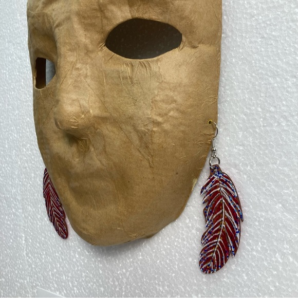 One-of-a-Kind Hand Painted Wooden Feather Earrings - Red and Blue Fall Colors - Picture 5 of 9